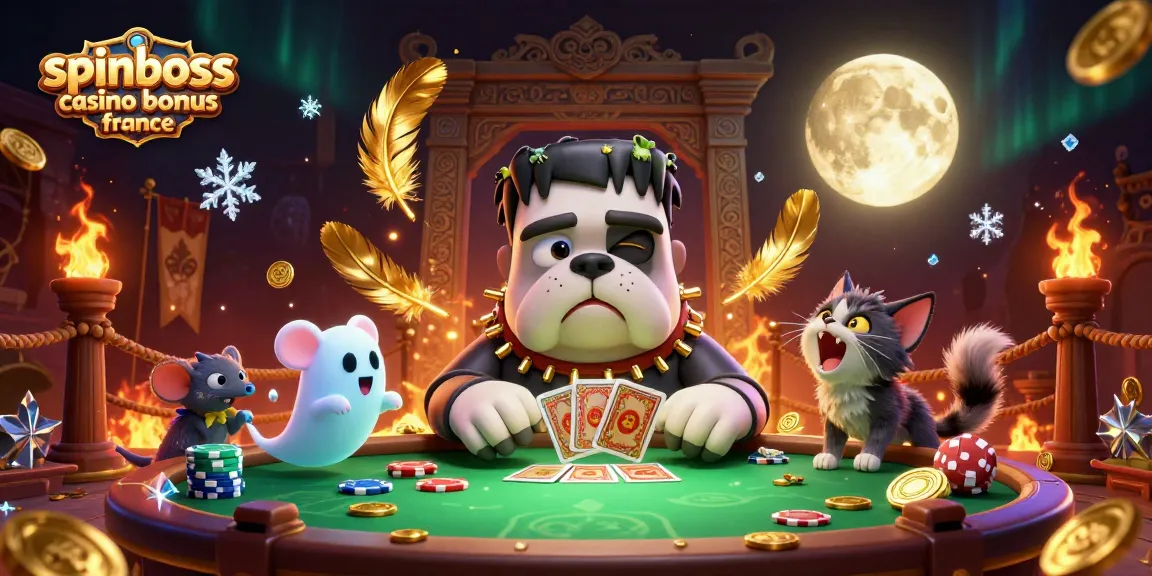 Spinboss casino bonus france : Trois personnages en casino 3D jouant sur une table énigmatique.