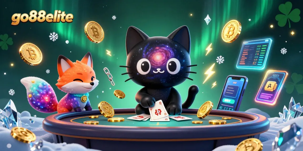 Play dynamic gambling games at go88elite with the enchanting black hole cat and nebula fox amidst vibrant crypto elements.