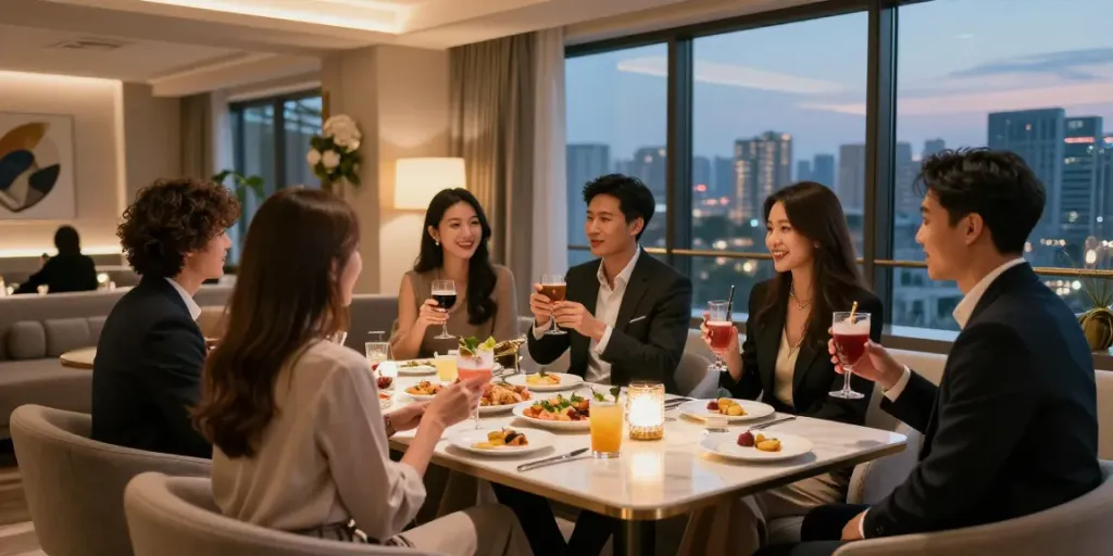 강남 구구단에서 친구들과 함께하는 즐거운 대화와 음료가 있는 독립된 룸의 내부.
