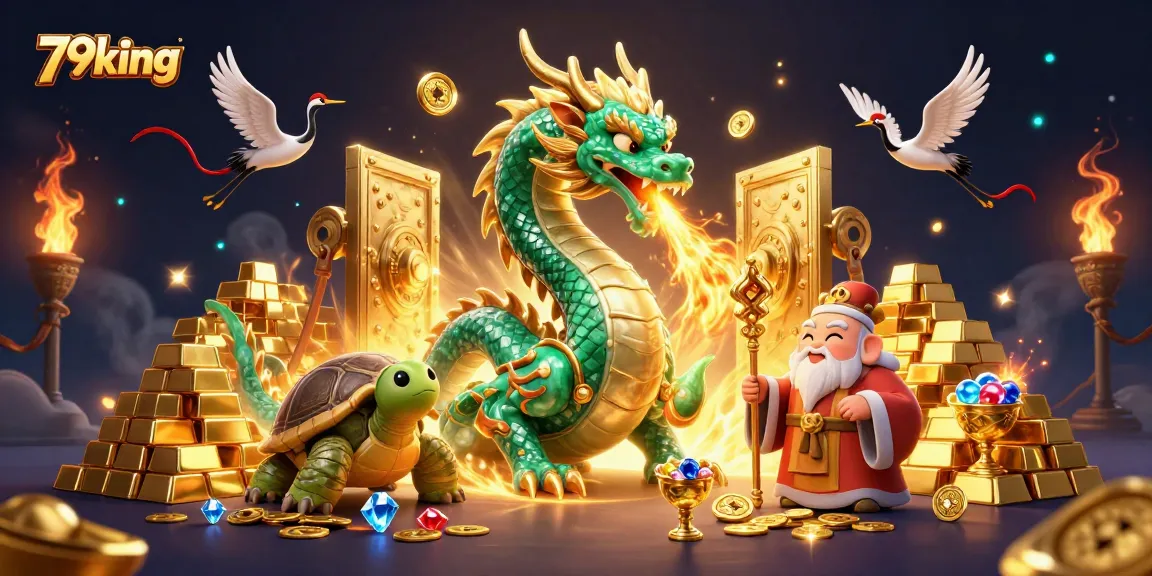 Engage with 79king's vibrant illustration showcasing a golden dragon amidst treasure and luck