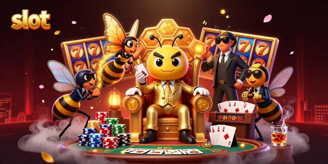 Spin the slot reels while enjoying lively casino atmosphere with cartoon characters in evening lights