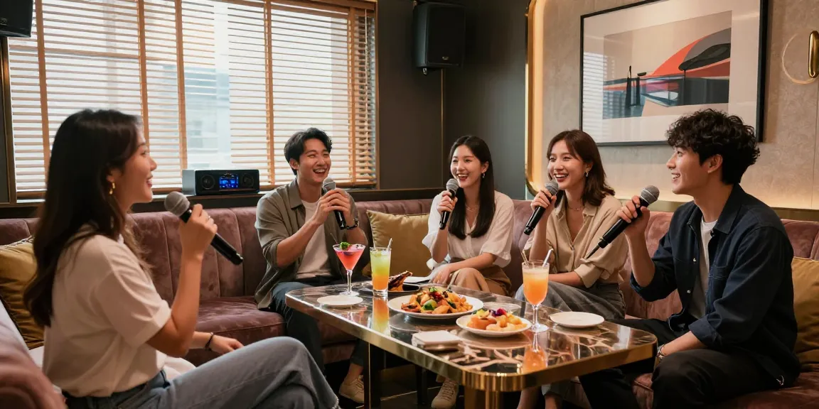 강남구구단의 고급 카라오케 룸에서 즐거운 친구들과 함께하는 노래방 모습