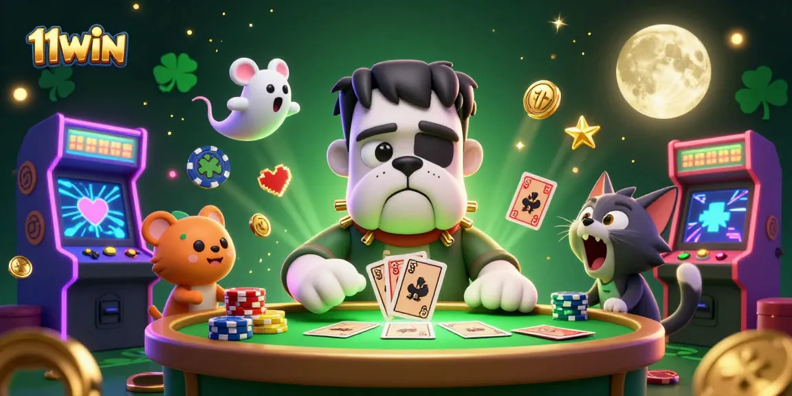 Engage in thrilling card games at 11WIN with vibrant characters and casino elements.