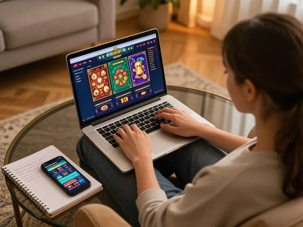 GOOD88 user engaging with online casino games on a laptop in a cozy home setting.