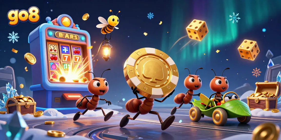 Engage in thrilling gaming action with go8's animated heist scene featuring ants and golden chips.