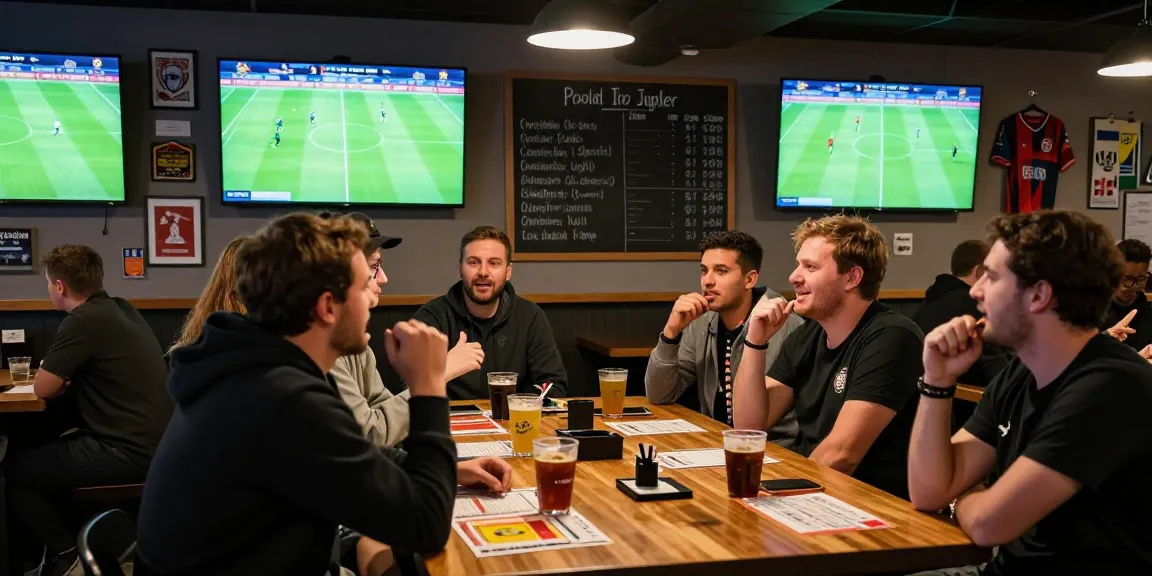 Scène de fans pariant sur la proligue jupiler dans un bar sportif animé avec écrans et cotes affichées.
