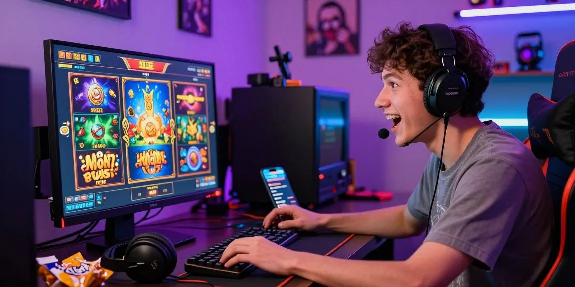 Seorang pemain terlibat dalam permainan slot online di JNETOTO dengan suasana penuh warna dan semangat.