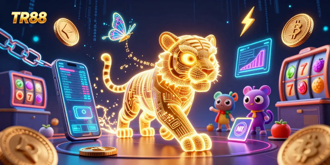 Experience the excitement of TR88 with a vibrant digital casino scene featuring a glowing tiger and dynamic slot elements.