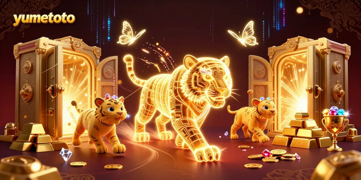Permainan slot seru di yumetoto dengan karakter harimau emas bercahaya dan efek jackpot yang mengesankan.