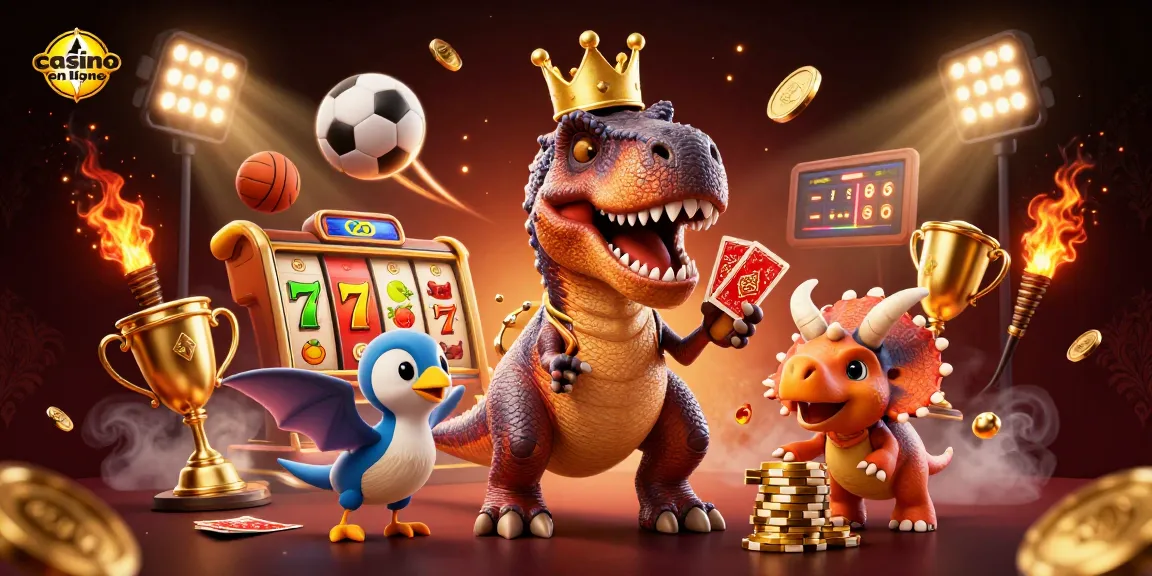 Casino en ligne avec un T-Rex jouant aux cartes et un Tricératops empilant des jetons d'or.