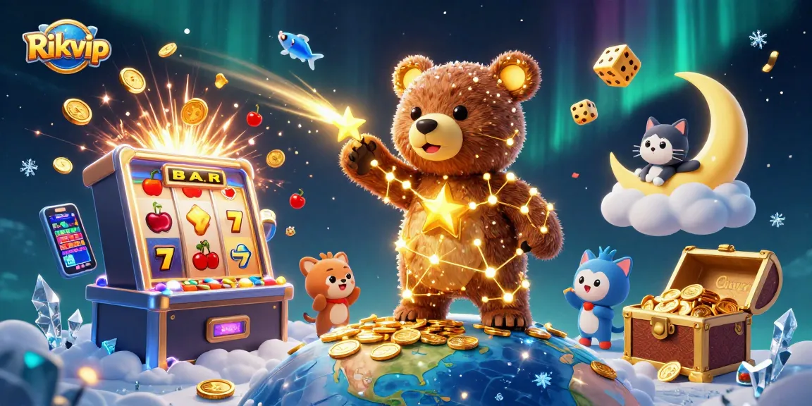 Experience excitement with Rikvip's vibrant casino scene filled with celestial characters and gaming elements.