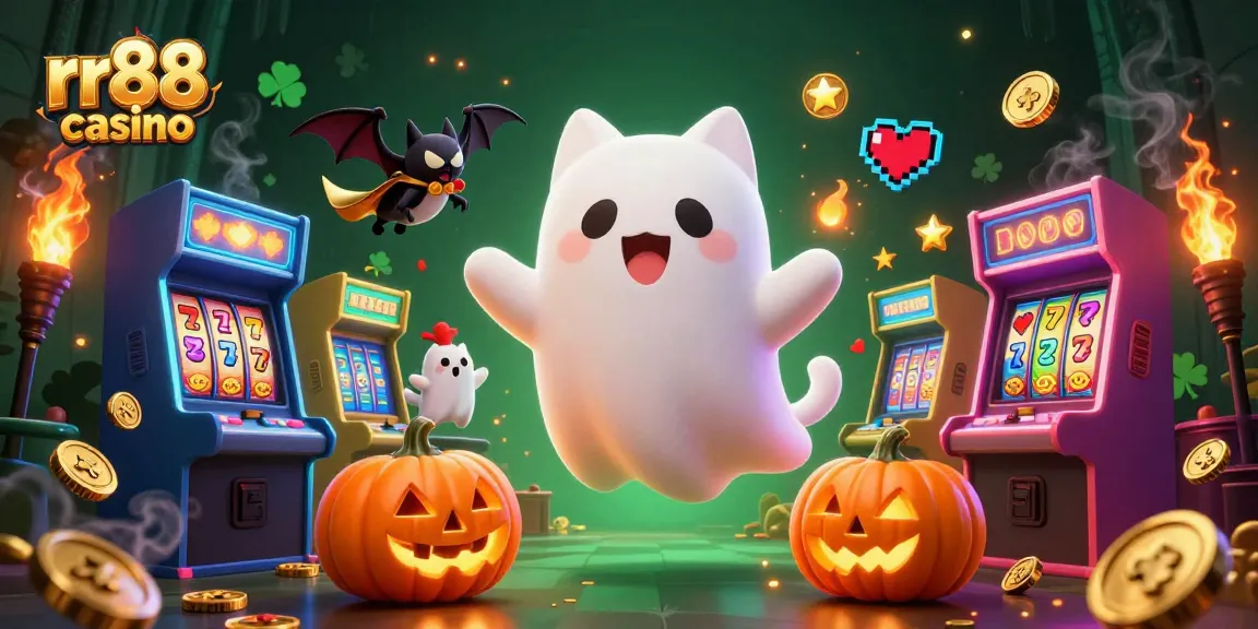Experience the thrill of rr88 casino with a ghost cat and bat in a haunted mansion.