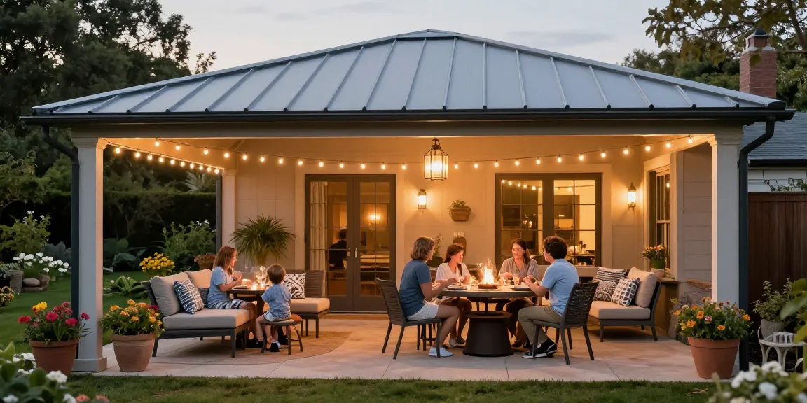 Moderne Terrassenüberdachungen schützen Familie während des Abendessens im Garten.