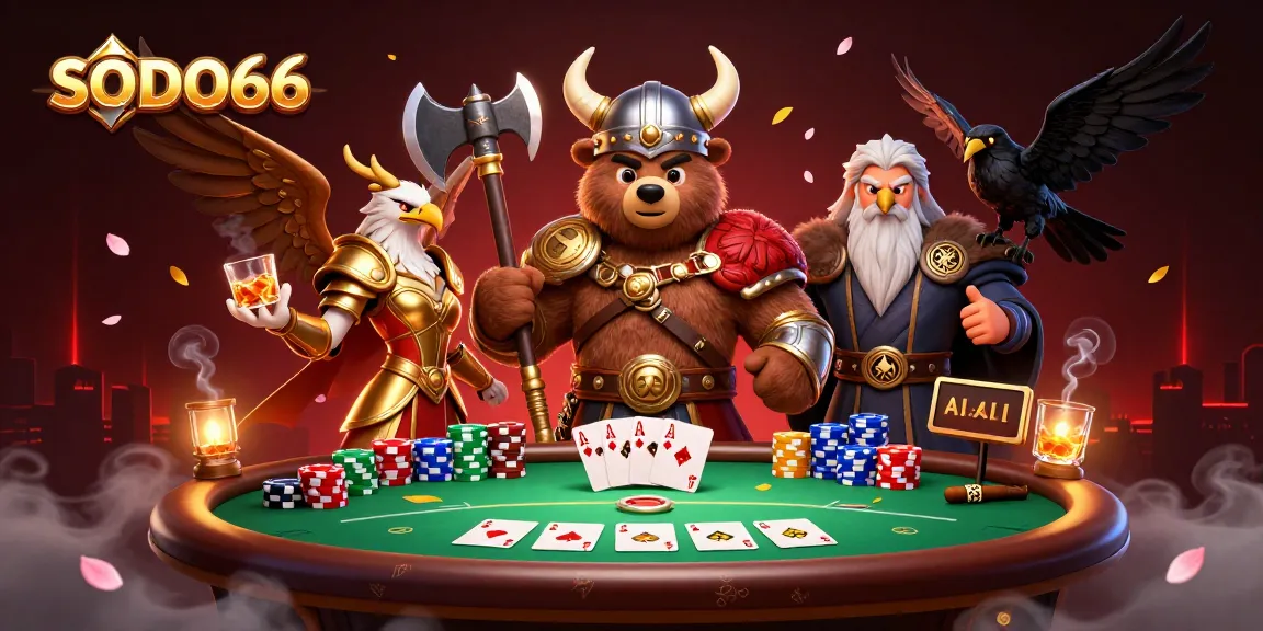 SODO66 brings excitement through a vibrant 3D scene featuring a Viking berserker and Valkyrie amidst poker action.