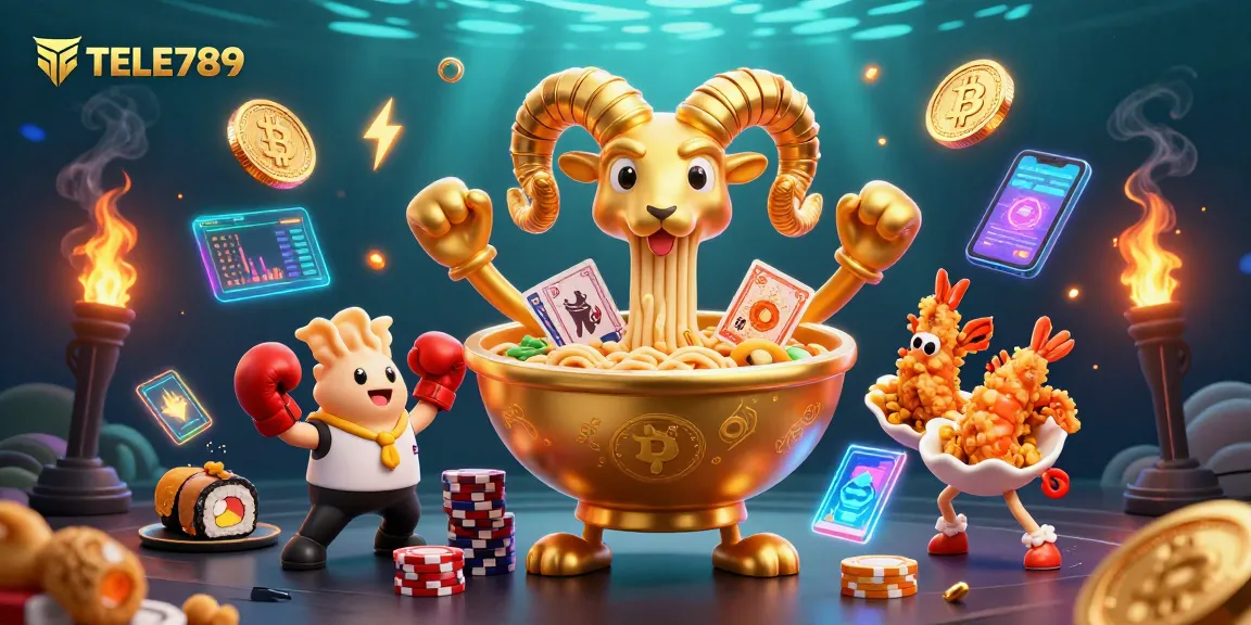 TELE789 engages players with dynamic action from a giant ramen bowl character and colorful casino elements.