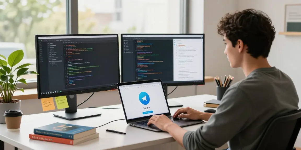 Engaging workspace depicting a Telegram Download scenario with developer using laptop and monitors.