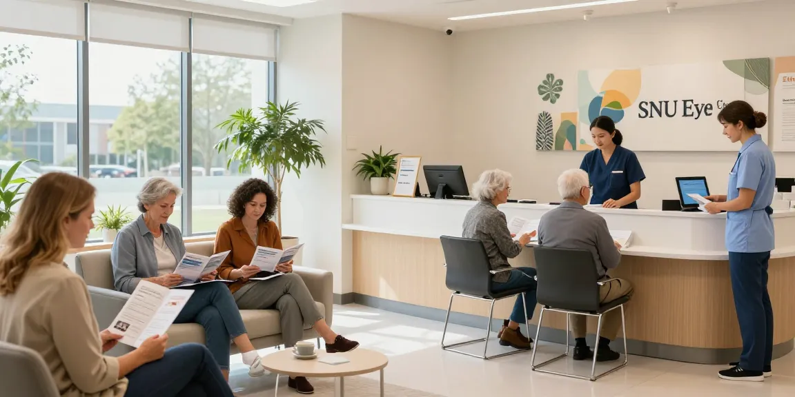 SNU Eye Clinic's inviting waiting area showcasing patients and friendly staff in a modern setting.