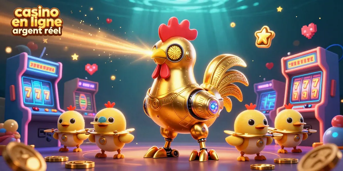 Admirez une scène de casino en ligne argent réel avec un robot coq doré et des drones, entourés de jeux colorés.