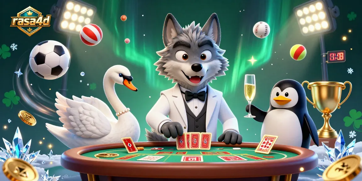 Rasa4d menampilkan ilustrasi kasino 3D dengan karakter menawan seperti serigala, angsa, dan penguin dalam suasana mewah.