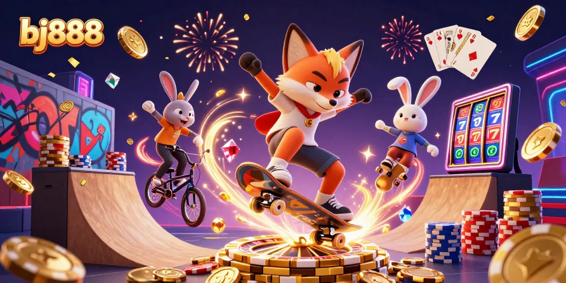 Engage with bj888's vibrant casino scene featuring a skateboarder fox, BMX rabbit, and lively gaming elements!