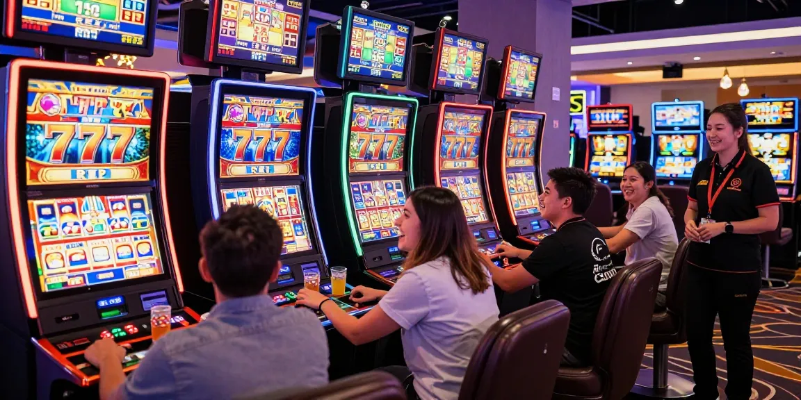 Excited players engaging with slot 777 machines in a vibrant casino atmosphere.