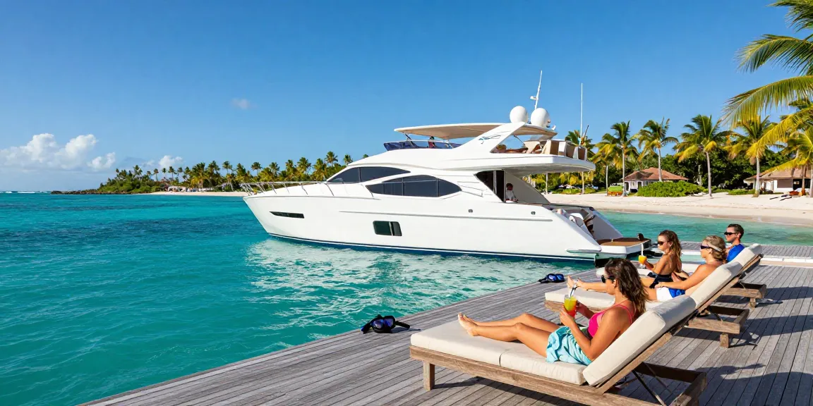Luxurious yacht rental in Punta Cana with guests enjoying sun and cocktails on a private boat near Saona Island.