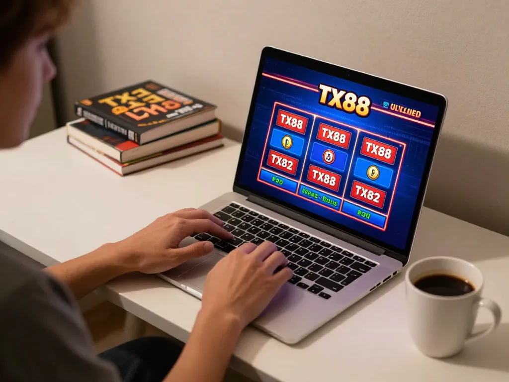 Engaging scene of a player preparing to win at tx88 slot machine during an online casino session