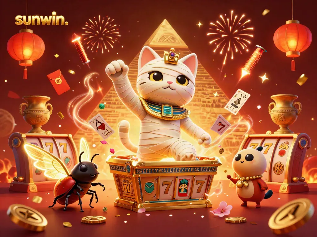Experience vibrant gaming with sunwin. as a mummy cat amidst slots and casino elements.