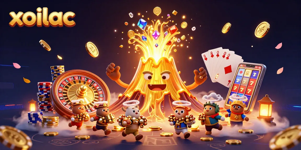 Xoilac casino adventure with a golden volcano erupting coins, explorer animals, and dynamic gaming elements.