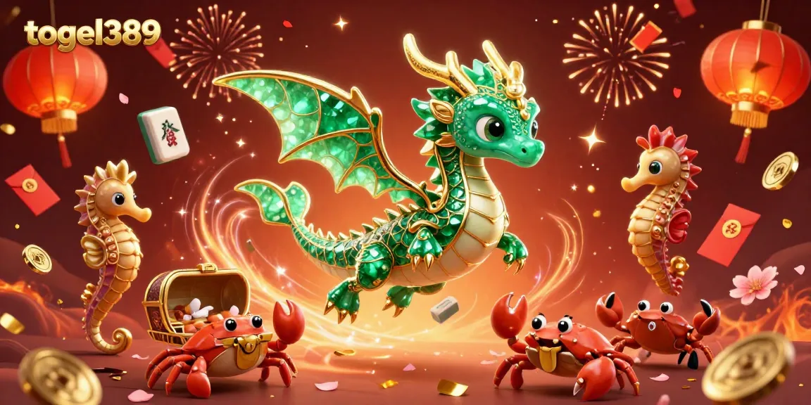 Engage with the vibrant world of togel389 featuring an emerald sea dragon and festive casino elements.