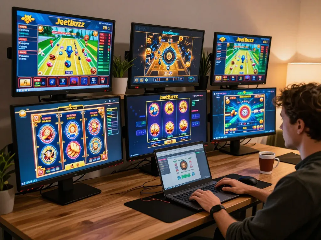 Engaged player enjoying Jeetbuzz online slots at home with multiple screens active.
