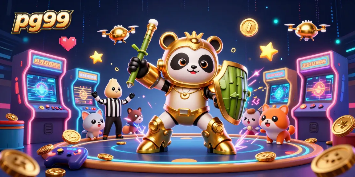 Experience thrilling slots with pg99 featuring a mech panda and vibrant casino elements.