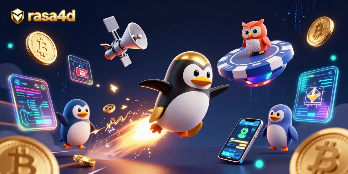Rasa4d merayakan pengalaman kasino dengan penguin emas roket yang meluncur dan koin emas berkilau.