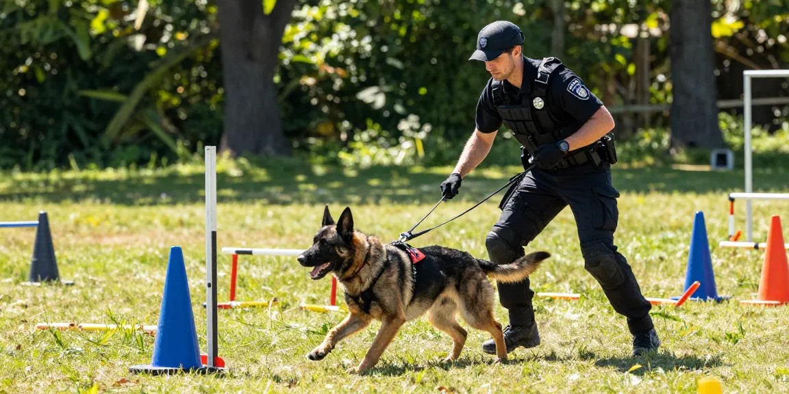 ROKOK88 tactical gear in action, featuring a K9 handler and trained dog during an agility training session outdoors.