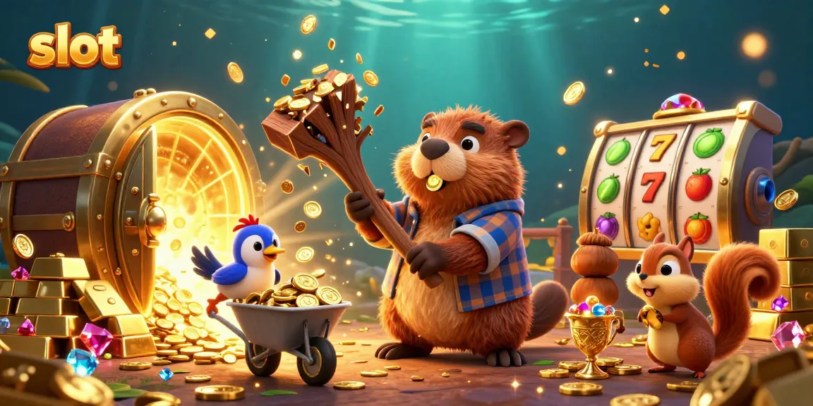 Experience thrilling slot excitement as beaver and friends collect shimmering coins in a vibrant casino.