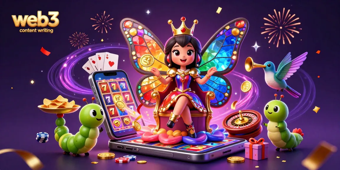 Engage in web3 content writing with a vibrant 3D casino scene featuring a butterfly queen and dynamic gaming elements.