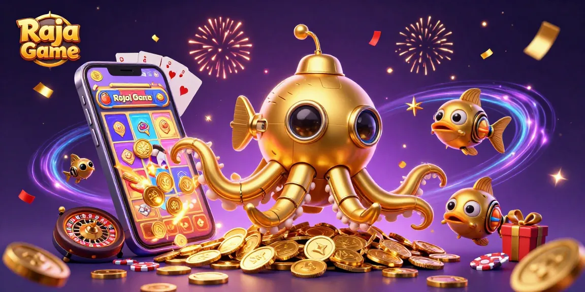 Experience the excitement of Raja Game with a vibrant 3D scene featuring a golden kraken submarine and casino elements.