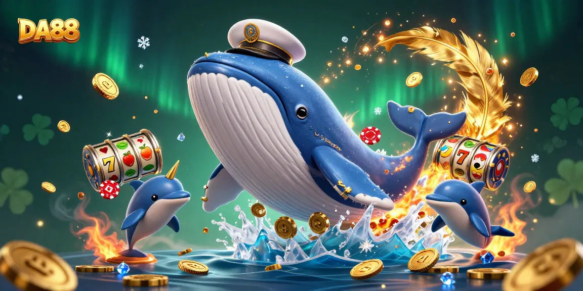 Experience thrilling DA88 casino action with a cartoon whale and playful dolphins in a vibrant scene.