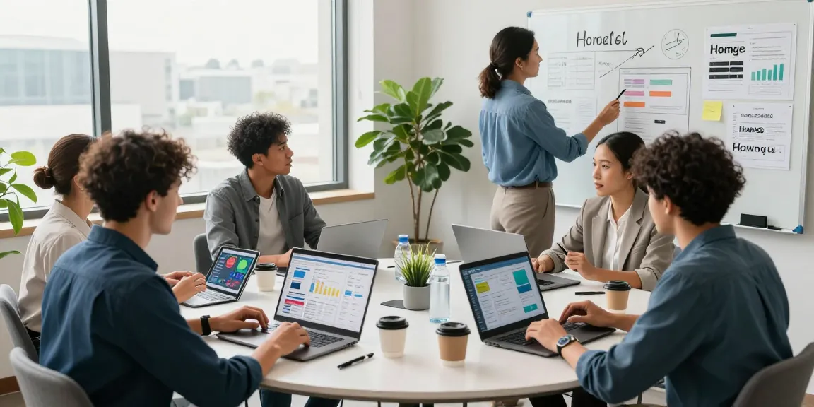 Collaborative digital marketing team enhancing Homge page links for boost in a modern workspace.