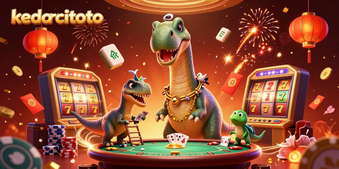 Kediritoto menawarkan permainan kasino yang meriah dengan dinosaurus dan dealer kartu di tengah aksi.