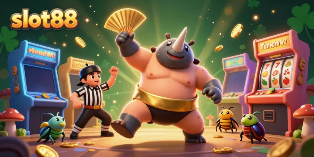 Experience the thrill of slot88 with a mighty rhinoceros beetle champion sending golden coins flying in a dynamic casino scene.