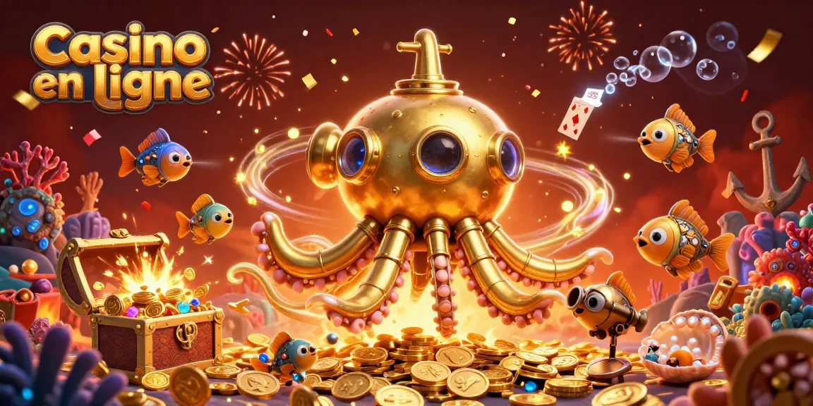 Jouez au casino en ligne avec cette illustration dynamique mettant en avant un kraken en or et des poissons mécaniques.