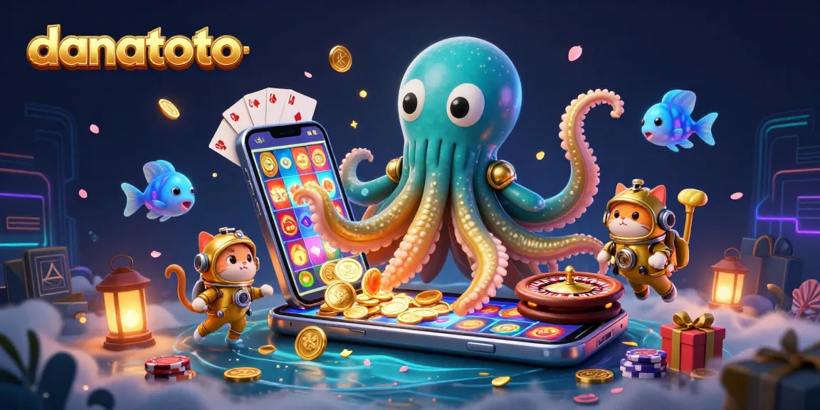 Experience danatoto with a colossal kraken and vintage diving cat amidst vibrant casino elements