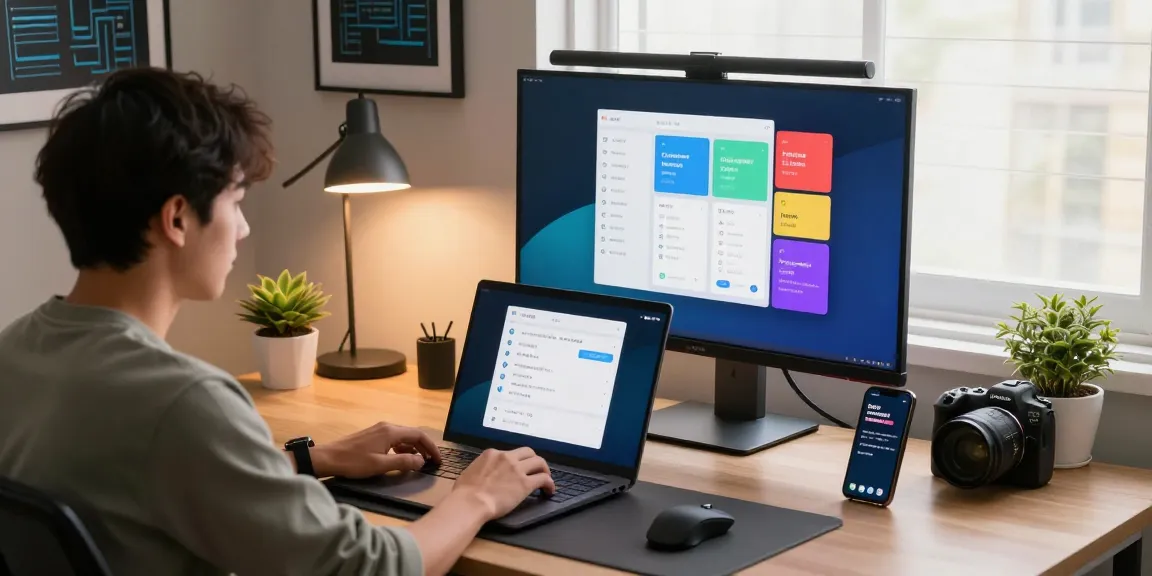 Configure Telegram Chinese settings in a modern home office filled with tech gadgets for a productive work environment.