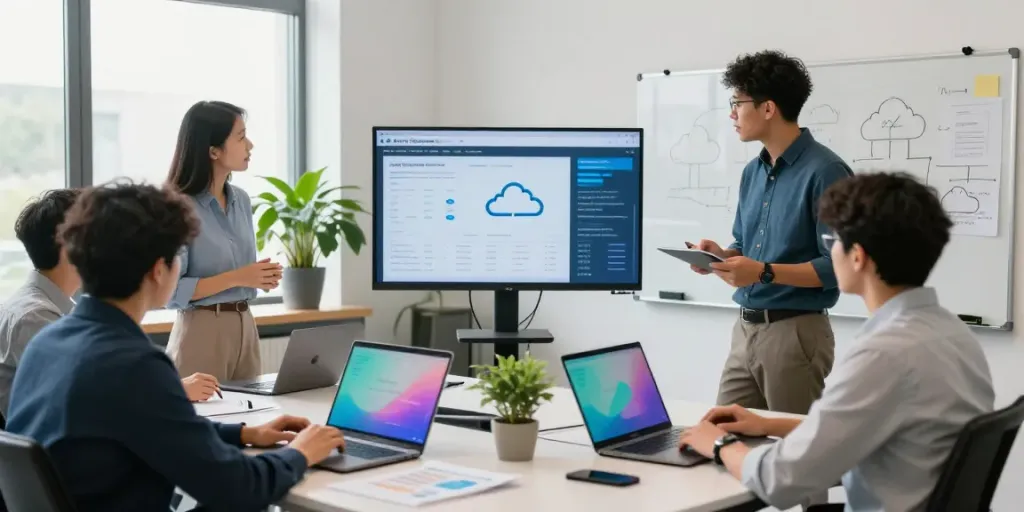 Team collaboration on Azure managed services in a modern office.