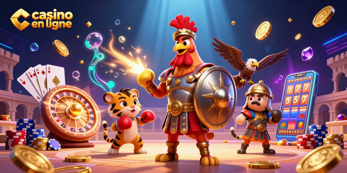 Illustration dynamique de gladiateur et tigre pour un casino en ligne, avec jeux de lumière et pièces d'or.