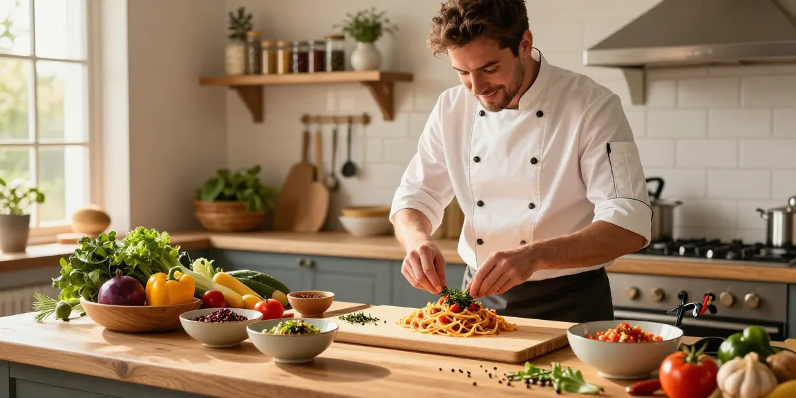 Eine Gourmet-Pasta zubereiten mit Gewürzen und frischen Zutaten in einer schönen Küche.