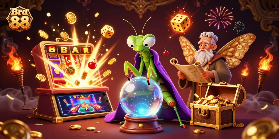 Experience the magic of Bra 88 with cartoon fortune teller and dynamic casino games illustration