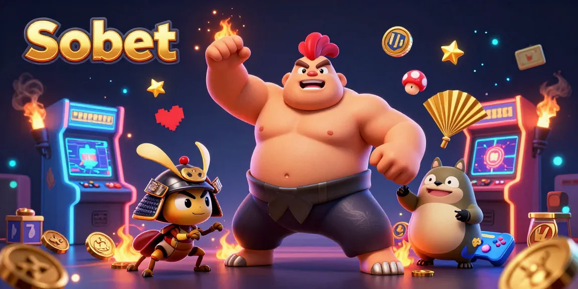 Sbobet betting scene with cartoon sumo rooster, samurai cricket, and tanuki announcer amidst glowing arcade elements.