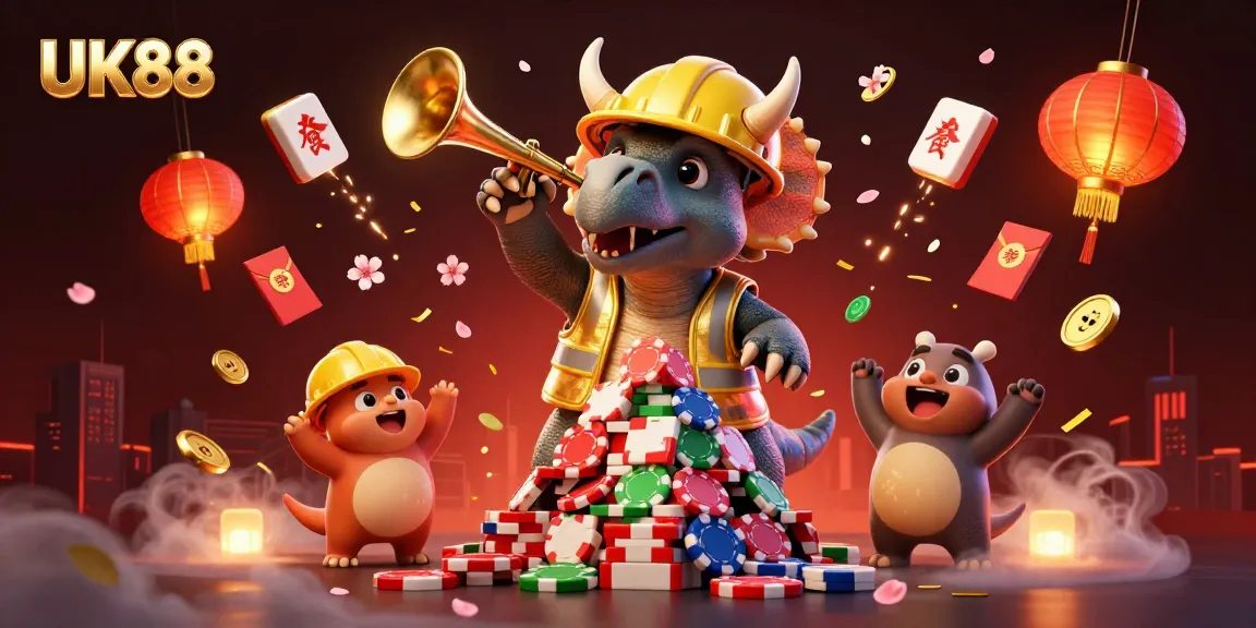 UK88 celebrates with a triceratops building poker chips, surrounded by festive casino elements.